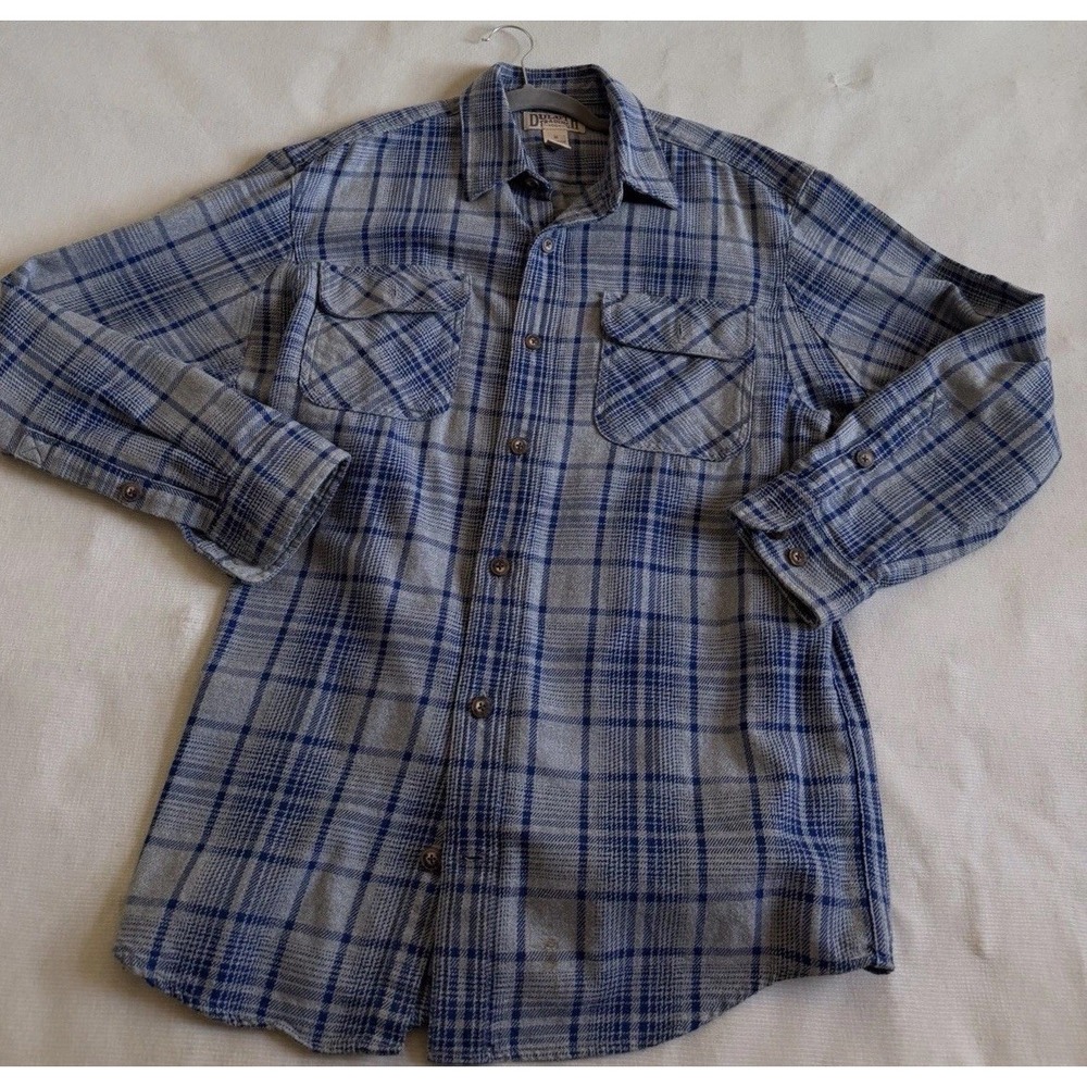 Duluth Trading Co Shirt 100% Cotton Men's Medium Blue Gray Plaid Flannel